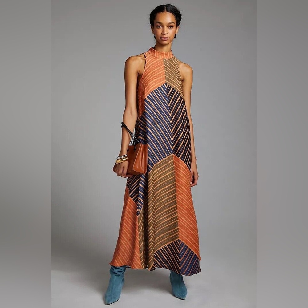 Farm Rio striped  High Neck Halter Maxi Dress - Palm Leaves